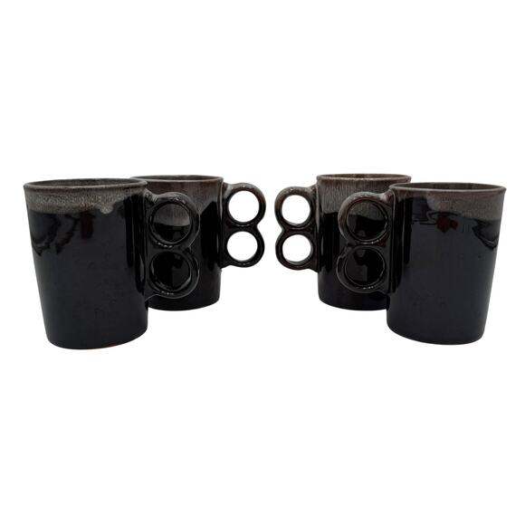 Vtg Japanese Coffee Mugs 2 Finger Drip Glaze Brown Stoneware Set of 4 - Picture 5 of 10